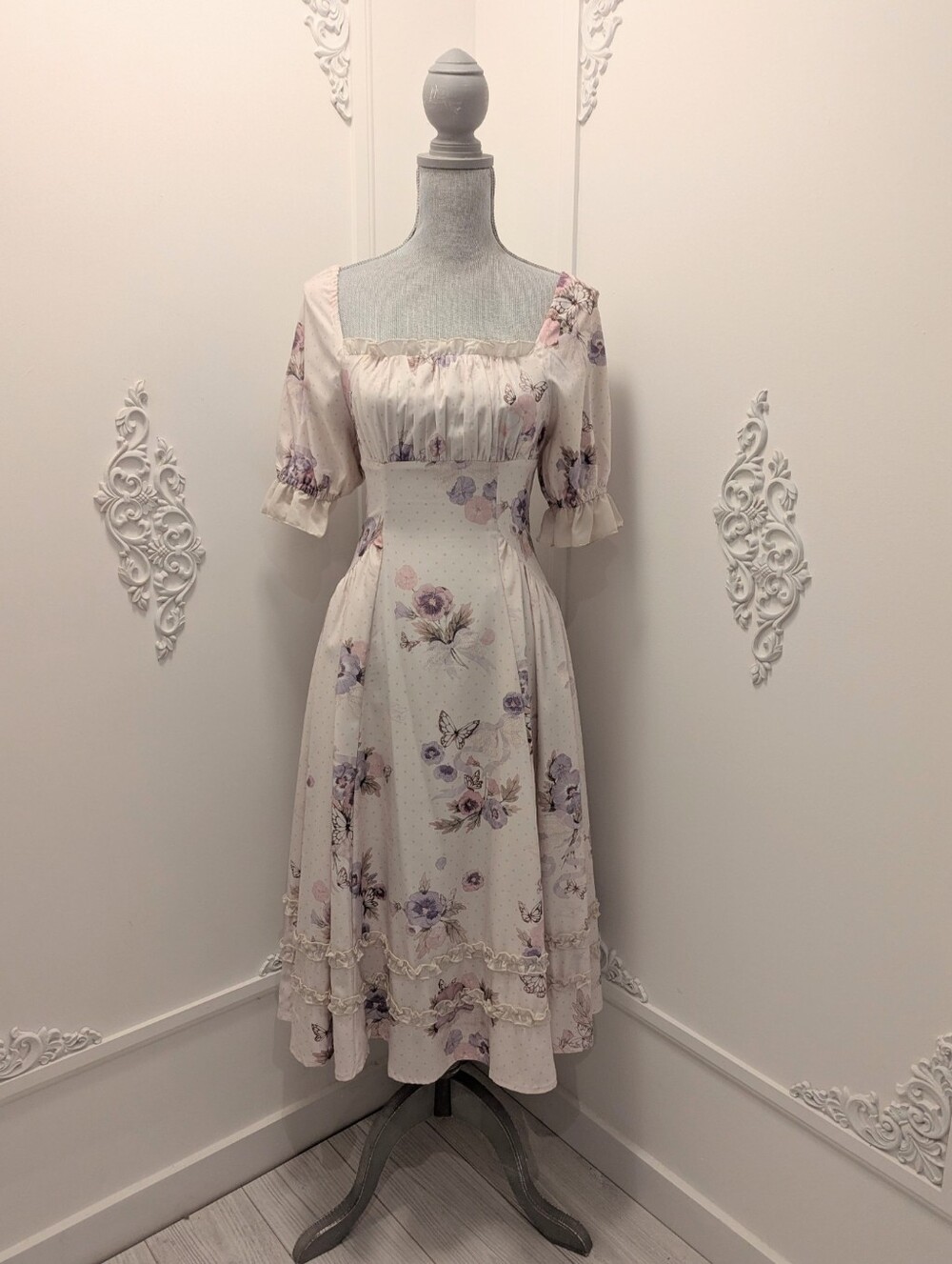 Floral Square-Neck Midi Corset Tie Back Dress